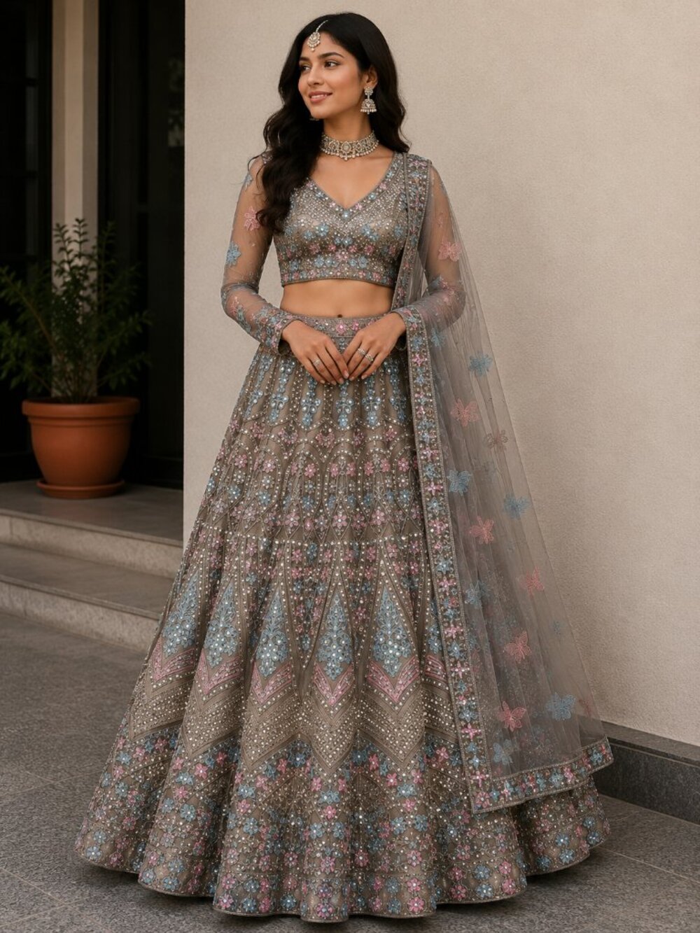 Dusty Grey Embroidered Lehenga Choli Set | Pastel Pink & Blue Sequin Work